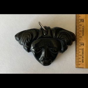 Carved black Guatemalan jade pin w sterling back